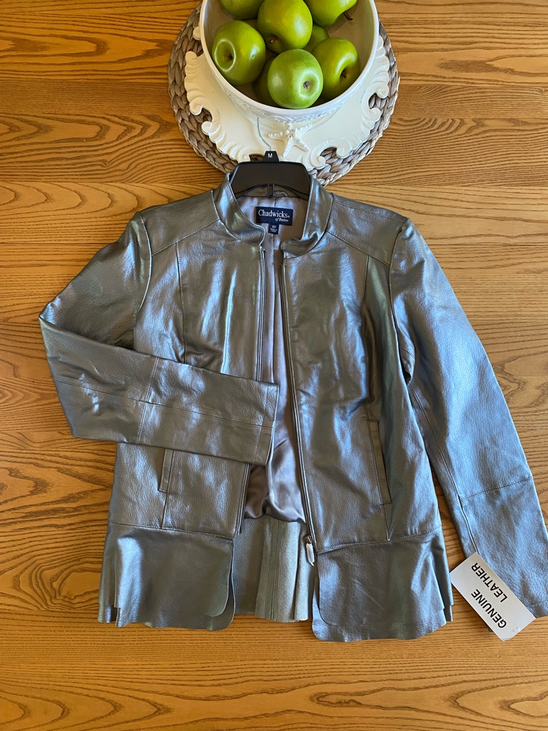 Nwt 10 Tall Chadwicks Silver/Pewter Metallic Leather Zip Jacket — image 2 of 7